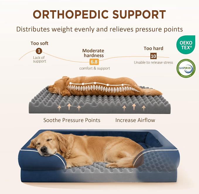 Comfort Expression Orthopedic Dog Bed for Extra Large Dogs with Bolster | Waterproof Dog Couch Bed with Washable Cover & Non-Slip Bottom, Supportive Egg Crate Foam Big Dog Bed, 53x42Inch