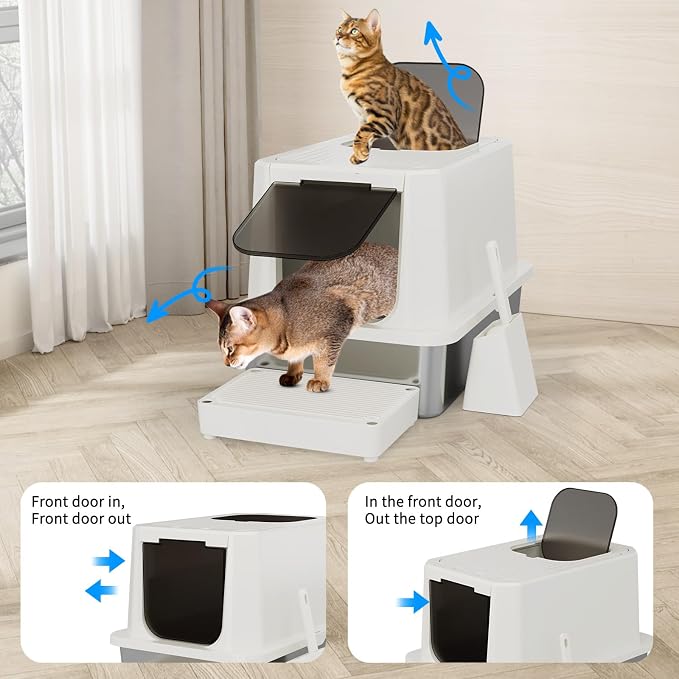 RIZZARI Stainless Steel Cat Litter Box: Dual Access, Hidden Pan, Easy Clean | Dual Front-Top Entry / Stainless Anti-Odor / Litter-Catch Pedal / Splash Guard Shield / Tool-Free Assembly / Compact Corner
