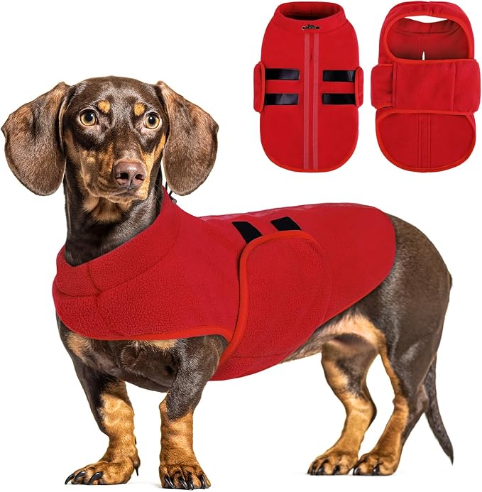 Queenmore XXS Dog Sweaters, Soft Fleece Vest Pullover Dog Jacket with Leash Hole, Warm Winter Dog Clothes Cold Weather Doggy Dachshund Sweater for Small Dogs Cats Boy or Girl (Red, XXS)