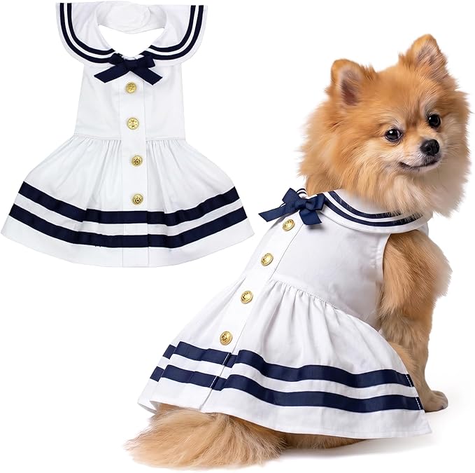 Parisian Pet Sailor Dog Dress - 100% Cotton Summer Clothes for Medium Dogs Girl - Nautical Pet Apparel - Stylish Dog Outfit - Lightweight and Breathable Puppy Clothes - Cute Dresses for Dogs
