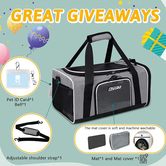 Petskd Small Pet Carrier 17" L x 11" W x 9.5" H Airline Approved, Grey | for Alaska Airlines, Lockable Safety Zippers and Anti-Scratch Mesh, Pets Under 10 lbs