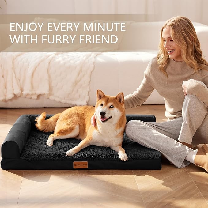 Patas Lague Orthopedic Large Dog Bed Pet Sofa Beds 36''X24'' Black | L Bolster Egg-Crate Foam Dog Couch For Large Sized Dogs, Waterproof Removable Washable Cover, Pet Mat with Nonskid Bottom