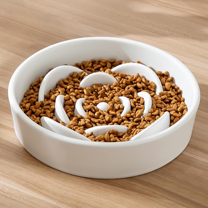 8.25'' Ceramic Slow Feeder Dog Bowls - Petal Shape Modern Dog Food Dish for Medium and Large Breeds, Puzzle Maze Bowl to Slow Down Eating, Anti-Gulping, Dishwasher & Microwave Safe, White