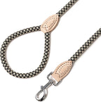 Mile High Life Dog Leash with Genuine Leather Connection, 4/5/6 FT | Rope Leash, Heavy Duty 360° Swivel Metal Clasp, for Small Medium & Large Dogs Walking (Black Khaki, 72 Inch-1/2)