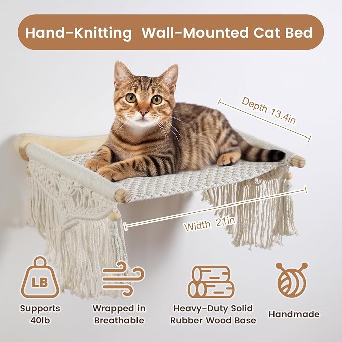 Macrame Cat Wall Shelves & Hammock - Comfy Cat Beds with Window Perch for Indoor Cats, Sleeping & Climbing, Cotton Rope, Natural Wood, Maximum Hold up to 30lb, Beige White