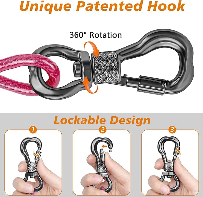 XiaZ Dog Tie Out Cable, Heavy Duty Dog Chains for Outside with Lockable Hook, Pet Runner Cable Leads for Yard, Dogs Line Tether for Small Medium Dogs Up to 250 LBS (15FT, Pink)
