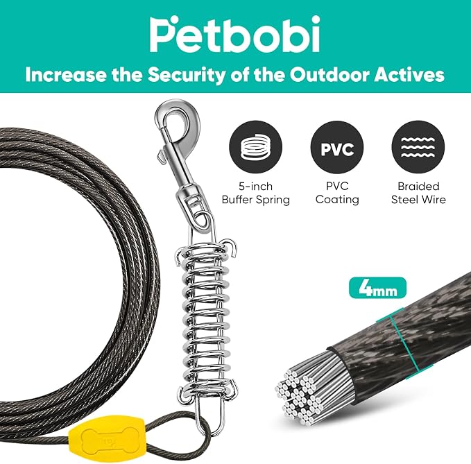 Petbobi Dog Tie Out Cable and Stake, 10ft Heavy Duty Dog Leads for Yard | 4in Shock Spring, 16in Spiral Ground Anchor, 360° No-Tangle Swivel, Chew-Proof Rustproof Wire, Up to 120 lbs, Outdoor Camping