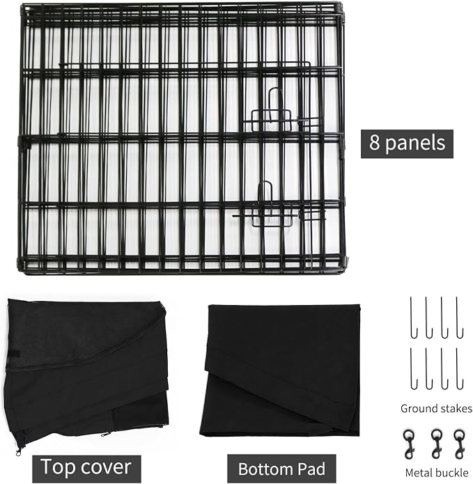 PETIME Foldable Metal Dog Exercise Pen/Pet Puppy Playpen Kennels Yard Fence Indoor/Outdoor 8 Panel 24" W with Top Cover and Bottom Pad
