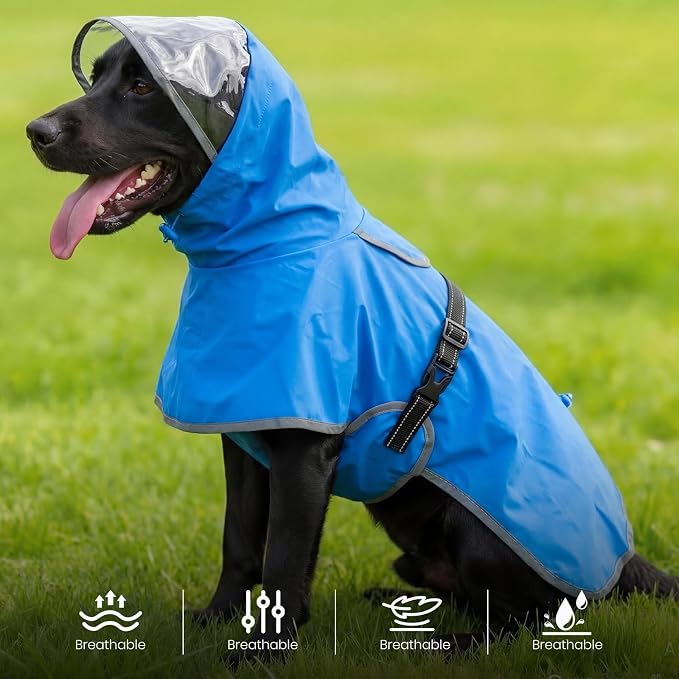 BRKURLEG Dog Raincoat, Waterproof Rain Jacket with Clear Hood for Small Medium and Large Dogs, Adjustable Reflective Pet Rain Coat Poncho with Leash Hole, Blue L
