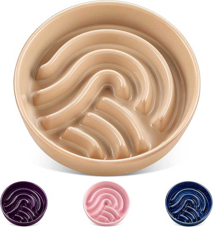 vancasso Slow Feeder Dog Bowl, 1.5 Cup Ceramic Slow Feeding Food Dish for Small and Medium Breed, Puzzle Dog Food Bowl for Fast Eater, Brown