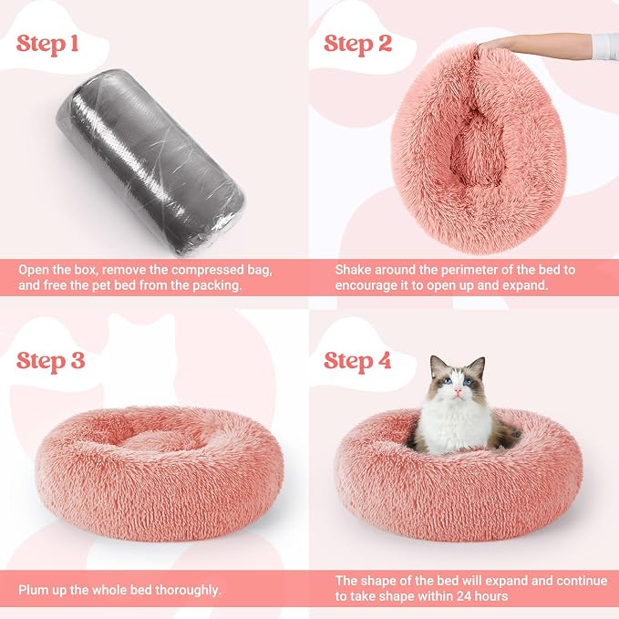 rabbitgoo Calming Cat Beds for Indoor Cats, 20 inches, Pink | Soft Warm Donut, Fluffy Faux Fur, Supportive Raised Rim, Anti-slip, Machine Washable, Up to 15lbs Kittens & Small Cats