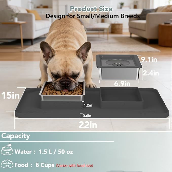 Dog Bowl Set, No Spill Dog Water and Food Bowl with Silicone Mat | Large Capacity 304 Stainless Steel Bowls, 2-In-1 Set, Slows Drinking, Anti-Slip Silicone Feeding Mat, Home/Travel, 6-7 Cups