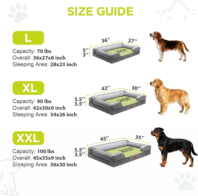 Waterproof Orthopedic Dog Bed for Medium Large Sized Dogs | Memory Foam Pet Bed Sofa with Bolster, Dog Couch with Washable Cover & Non-Slip Bottom, 36x27 Inch, Light Grey