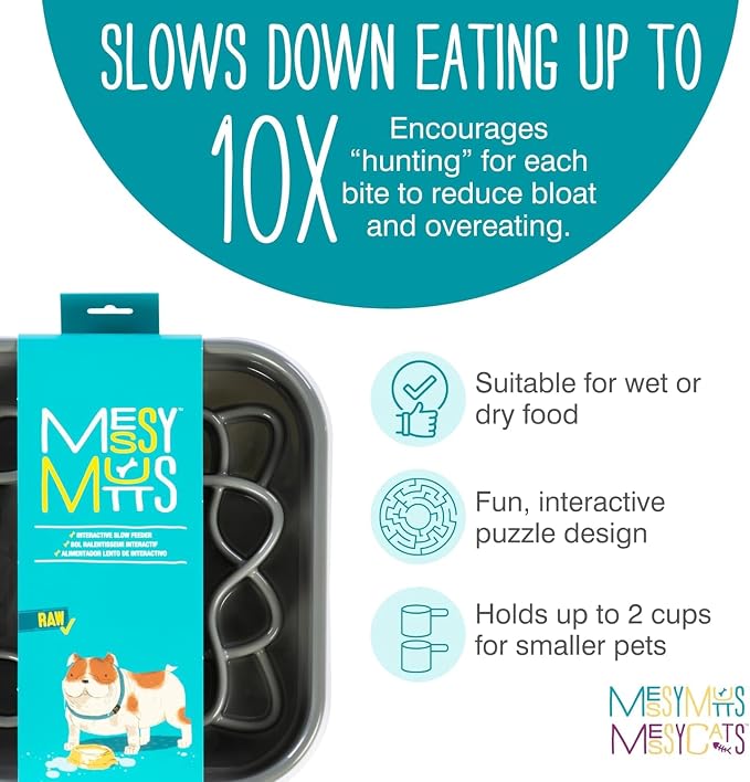 Messy Mutts Square Slow Feeder, 8 Inch, 2 Cup, Cool Grey | 8 x 8 Inch Square Silicone Puzzle Slow Feeder For Dogs And Cats, Holds 2 Cups, Dishwasher Safe