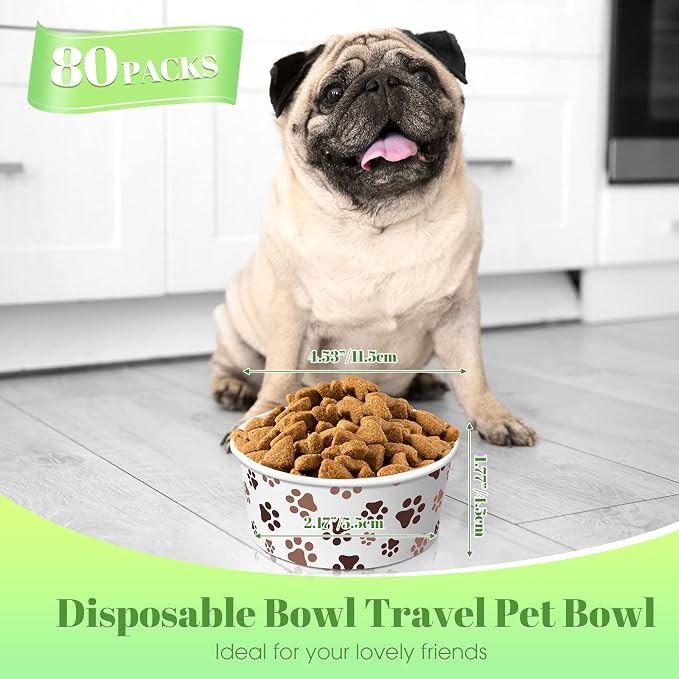 80 Packs Disposable Dog Bowls 12 Oz/1.5 Cup Pet Feeding Bowl for Small Dogs, Cats - Leakproof Paw Paper Pet Bowl for Wet Food, Water