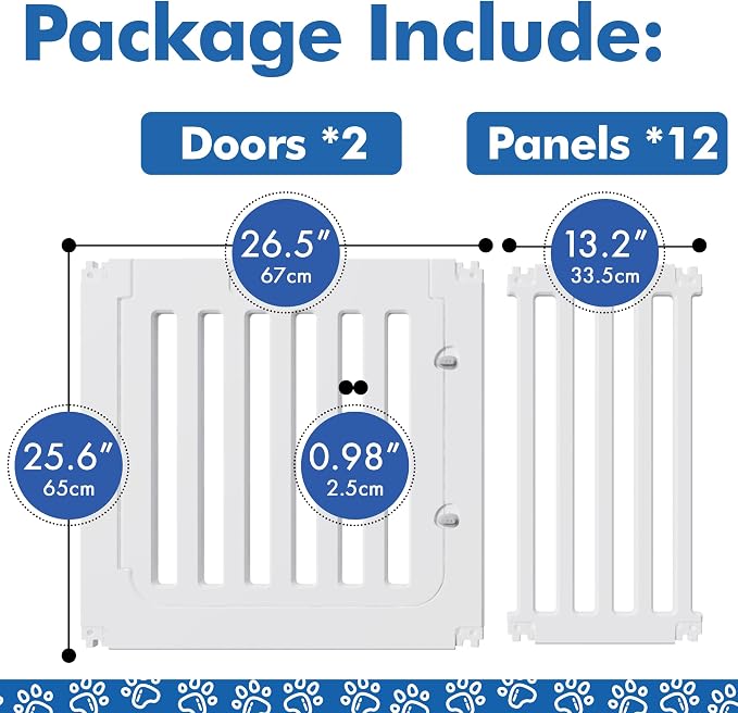 Indoor Dog Playpen w/Door, Modular 2 Room & Toilet Area, 12 Panels & 2 Doors, Height 25.6 Inch, White
