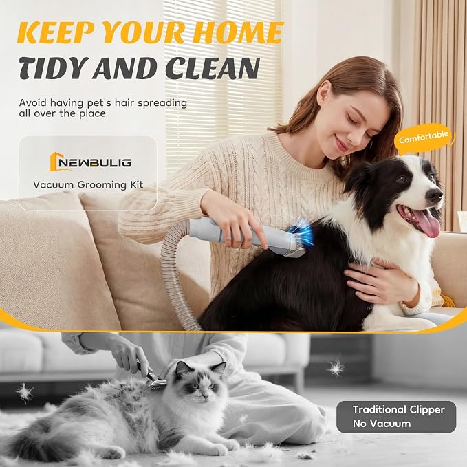 NEWBULIG Pet Grooming Vacuum Kit for Cats and Dogs, 2.5L Dust Cup, White | 3 Suction Modes and 5 Groomer Tools, Dog Clippers with Cordless Low Noise for Cats, Dogs Other Animals Hair Trimmer