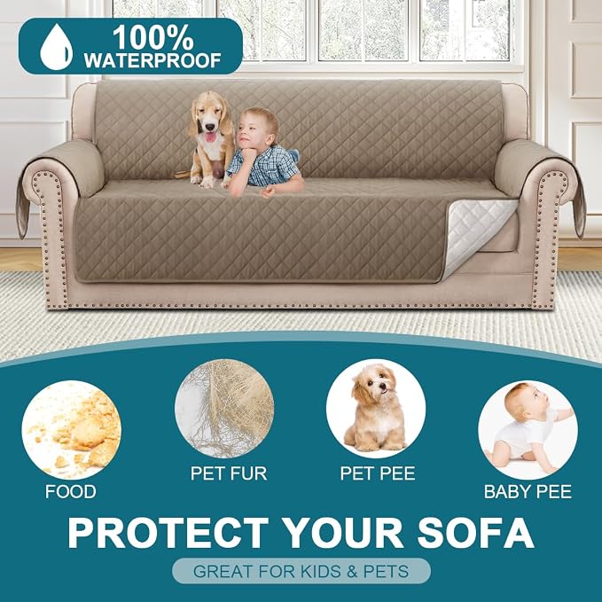 Turquoize 100% Waterproof Sofa Covers Couch Cover Sofa Cover for Dogs Couch Protector Triple Non-Slip Sofa Slipcover for 3 Cushion Couch Furniture Protector for Pets, Kids (XL Sofa 78", Taupe)