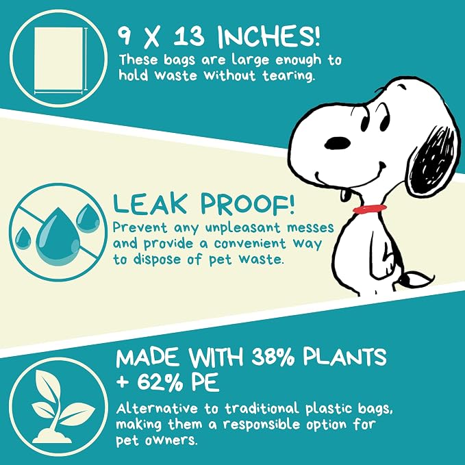 The Original Poop Bags® 38% USDA Biobased Pet Waste Bags, Peanuts Design, Leak-Resistant & Durable, Black/Green, 360 Count