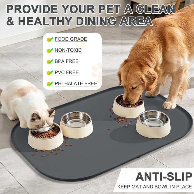 SMILOOL 36" x 24" x 1" Extra Large Silicone Pet Food Mat with Raised Edge for Food and Water Bowl, Dog Feeding Mats, Cat Food Trays for Floor Waterproof, Rubber Tray for Dogs and Cats, Dark Gray