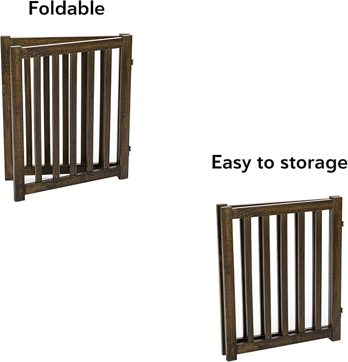 LZRS Wooden Free Standing Foldable Dog Gate Indoor – Solid Hard Wood 40" W x 24" H, Step-Over Safety Pet Gate for Doorways, Stairs & Small Spaces - Indoor Use, Walnut
