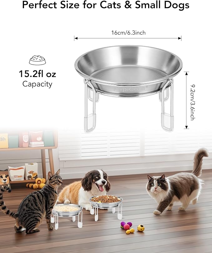 Elevated cat Bowl 3PC, 6.3" Wide Raised Cat Bowl | Stainless Steel Cat Food and Water Dishes, Small Dog Bowl, Whisker Friendly, Anti-Vomiting, Neck Stress-Free Bowl Stands