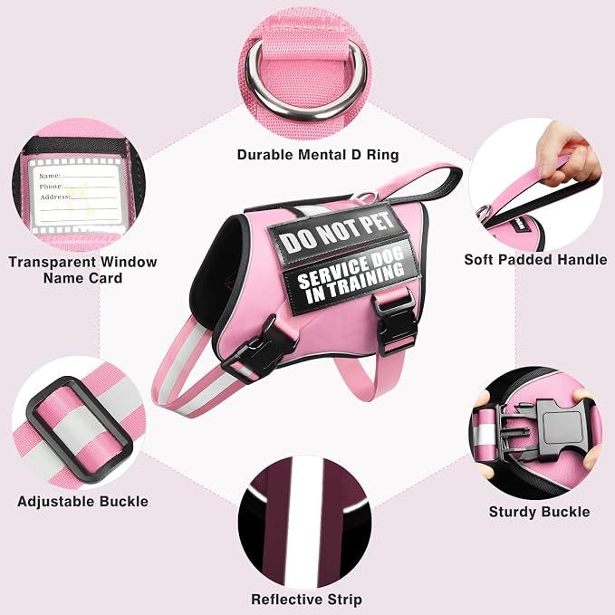 Service Dog Harness and Leash Set, Training Dog Vest with 10 Dog Patches, Emotional Support Therapy Dog Vest Harness for Small Medium Large and Extra Large Dogs(Pink, XS)
