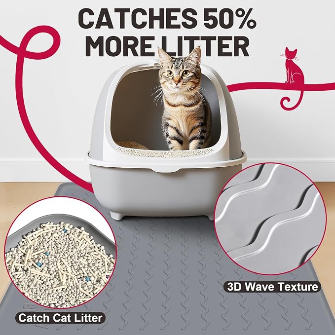 Cat Litter Mat, 34"x22" Waterproof Silicone Pad, Black | Large Size, Urine-Proof Pad, Litter-Trapping Waves, Non-Slip, Easy Clean, Paw-Safe, for Litter Box, Floor Mat
