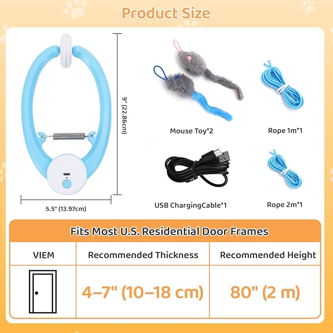 Automatic Interactive Cat Toys for Indoor Cats Hanging Cat Toy, Blue | 2 Electric Fluttering Mouse Feather Wands, USB Rechargeable, Adjustable Strings, 360° Rotation for Bored Kittens & Adult Cats