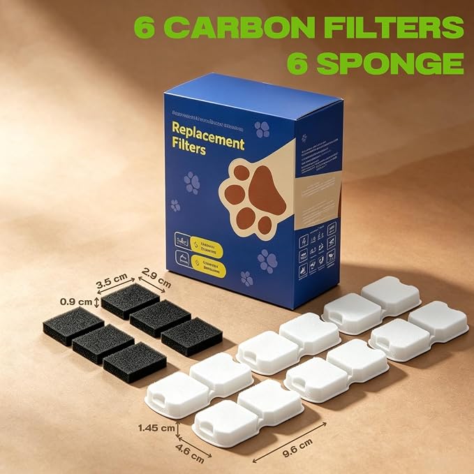 KOOGMOON Official 12 Pcs Replacement Automatic Cat Water Fountain Filters | 6 Filters & 6 Pump Filter Sponges, Compatible with GIOTOHUN/HOOISE/ATMZIQXR/UMOCUOY/IHOUONE Pet Water Fountain, 3 Months Set