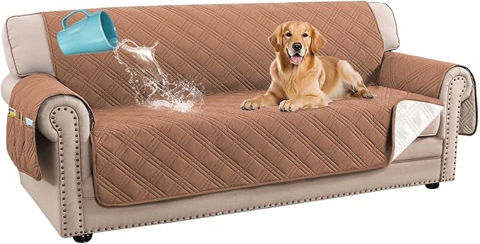H.VERSAILTEX 100% Waterproof Couch Covers for Dogs Modern Sofa Slipcovers with Elastic Straps Thick Soft Couch Protector from Cat Claws(Sofa, Terracotta/Beige)