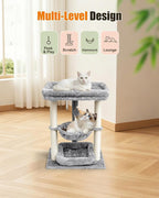 SYANDLVY Small Cat Tree for Indoor Cats with Top Perch Hammock & Bottom Bed | Natural Sisal Scratching Post Tower with Hanging Bell Ball & Anti-Tip Strap, Stable Indoor Cat Furniture, Grey