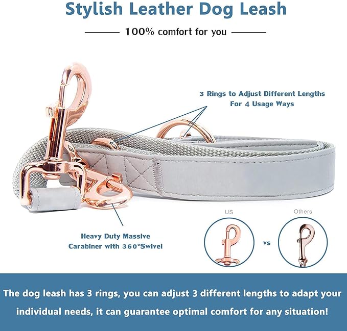 Soft Leather Dog Collar and Leash (6.6') Set - Stylish Rose Gold Heavy Duty Metal Buckle, 4 Adjustable Lengths Leash for Small Medium Large Dogs - Comfortable & Easy to Clean Grey M(13.8"-19.7")