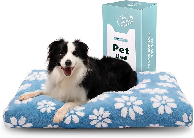 Dog Beds for Large Dogs, Cute Thick Dog Bed for Crate Kennel, Fluffy Pet Bed with Removable Washable Cover and Anti-Slip Bottom, 35"x 22", Blue Flower