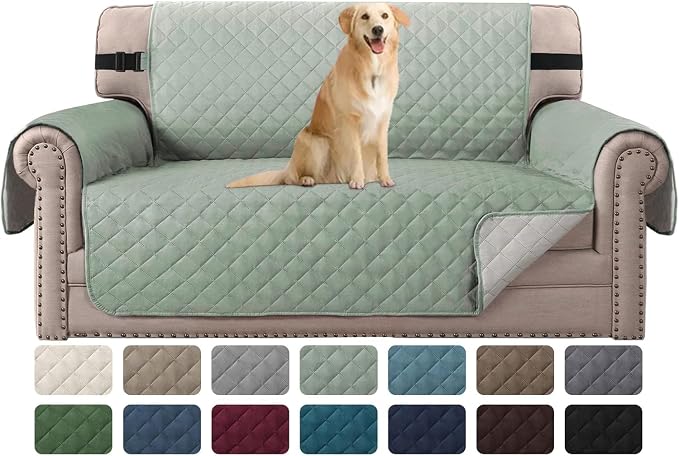 H.VERSAILTEX Reversible Loveseat Cover Water Resistant Loveseat Slipcover Washable Loveseat Couch Cover with Non Slip Elastic Strap Furniture Protector for Kid Dog Pet(Loveseat, Desert Sage/Beige)