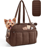 BAGSMART Dog Purse Carrier for Small Dogs Up to 15lbs Puppy Travel Tote Bag | Quilted Puffy Soft Sided Pet Handbag with Pockets, Collapsible Lightweight Portable with Safety Tether & Mat, Coffee brown