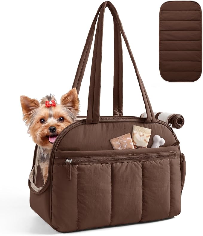 BAGSMART Dog Purse Carrier for Small Dogs Up to 15lbs Puppy Travel Tote Bag | Quilted Puffy Soft Sided Pet Handbag with Pockets, Collapsible Lightweight Portable with Safety Tether & Mat, Coffee brown