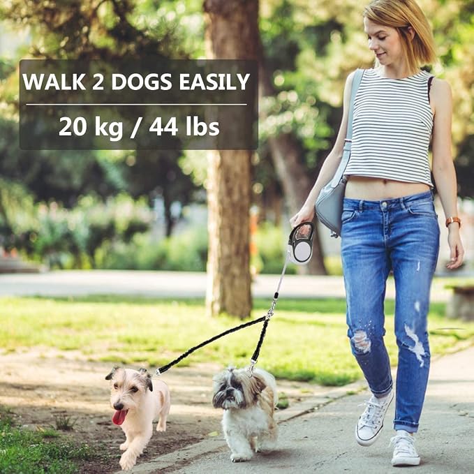 Dual Retractable Dog Leash for Walking 2 Small Dogs(Up to 44 Lbs Each) - Double Headed 18.5ft Extendable Pet Leash with Poop Bags, Non Slip Grip, One Button Control, 360 Tangle-Free (Gray, Medium)