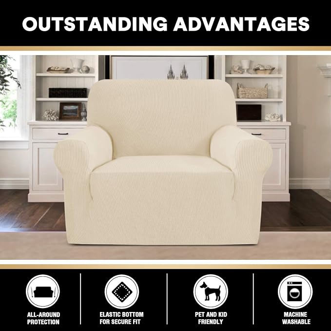Stretch Chair Cover Chair Slipcovers with Arms 1-Piece Chair Sofa Slipcovers or Living Room Non Slip Armchair Cover Furniture Protector Dogs Pet Friendly(Armchair, Biscotti Beige)