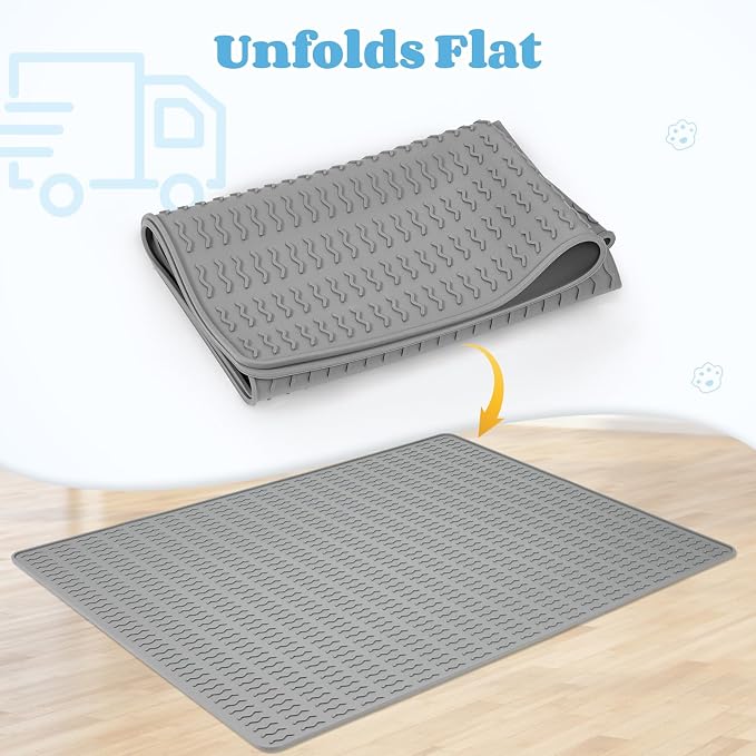 Cat Litter Mat, 47x35in Extra Large Litter Trapping Mat, Grey | XXL Cat Mat Fits 2-4 Litter Boxes, Silicone Litter Trapping Mat, Waterproof Raised Edges, Non-Slip Bottom, Easy Clean