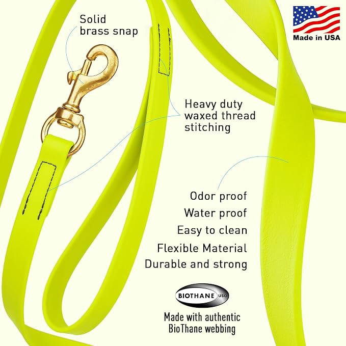 Viper Biothane K9 Working Dog Leash Waterproof Lead for Tracking Training Schutzhund Odor-Proof Long Line with Solid Brass Snap for Puppy Medium and Large Dogs, 15ft Safety Yellow