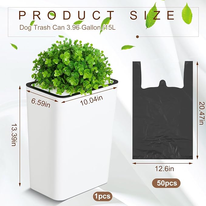 Jingmore Dog Poop Trash Can Outside 3.96 Gal/15 L Plant Styled Dog Waste Trash Can with Lid 50 Waste Bags Outdoor Indoor Poop Container Slim Garbage Bin for Yard Garden Pet (White)
