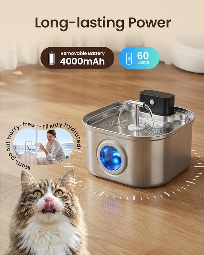 Cordless Cat Water Fountain Stainless Steel,3.2L/108oz Rechargeable | Wireless Battery Operation, Motion Sensor, Automatic Water Flow, Quiet Pump, Includes 4 Replacement Filters