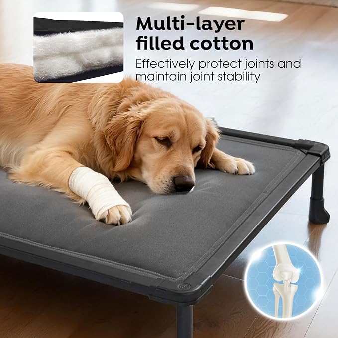 Veehoo Chew Proof Elevated Dog Bed, Padded Indestructible Raised Dog Cot | Orthopedic Dog Platform Bed with Soft Padded Mat, Durable Waterproof Pet Cot for Indoor, Outdoor or Crate, 35-Inch, Grey