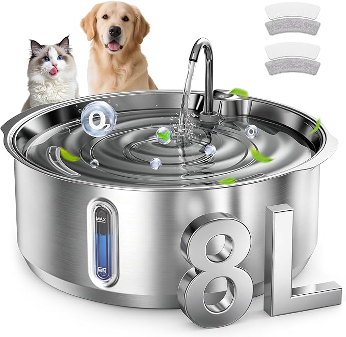 Invengo 8L/270oz Quiet Stainless Steel Dog Water Fountain, 2 Filters | 50% Thicker 6mm Steel, Dual Filters, 6-Layer Deep Purification, Under 25dB Whisper-Quiet Operation, 2 Flow Modes