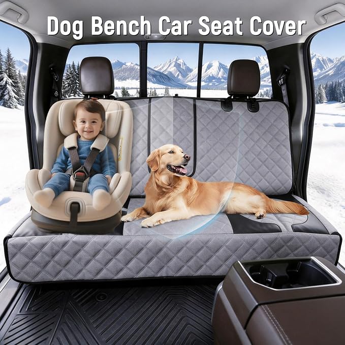 Pet Bench Seat Covers for Trucks, Heavy Duty Nonslip Car Seat Protector with ISOFIX Openings for 1-2 Child Car Seats,Fits Ford 150,Ram 1500,GMC Sierra,Toyota,Ram,Chevrolet Silverado(Grey)