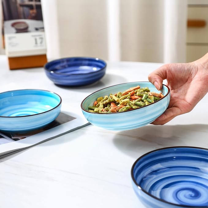 Selamica Ceramic Cat Food Bowl, 5.6 Inch Wide Shallow Cat Bowls/Dishes for Food and Water, Whisker Friendly, Set of 6, Gradient Blue