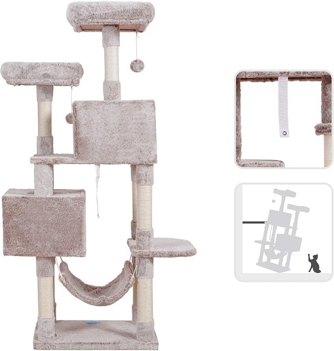 Hey-brother Cat Tree Tower with Sisal Scratching Posts, Big Condo, MPJ020MU | 53.7 Inches Multi-Level Cat House with 2 Bigger Plush Condos, 2 Platforms, Hammock, Toy Balls for Indoor Cats, Muchroom