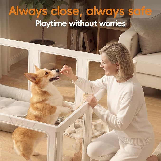 JEKO&JEKO Clear Acrylic Dog Playpen Indoor, Transparent Pet Play Pen for Puppies, Small Dogs, Cats & Rabbits, Easy Assemble Plastic Dog Fence, Easy to Clean (White, 12 Panels)