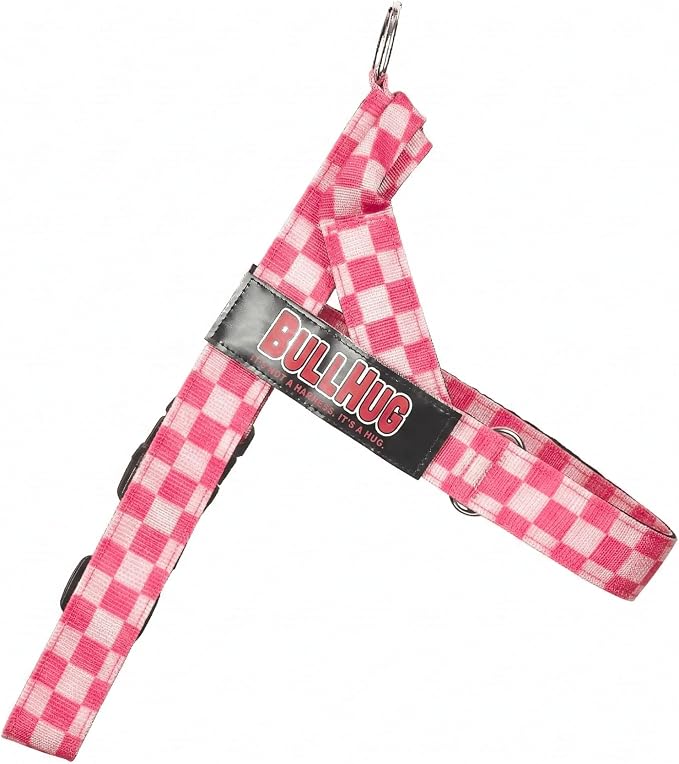 BULLHUG Adjustable Dog Harness– No Pull, No Choke – for English Bulldogs, French Bulldogs, Pugs & Broad-Chested Breeds – Easy, Safe Walks (Pink, Checker XL)